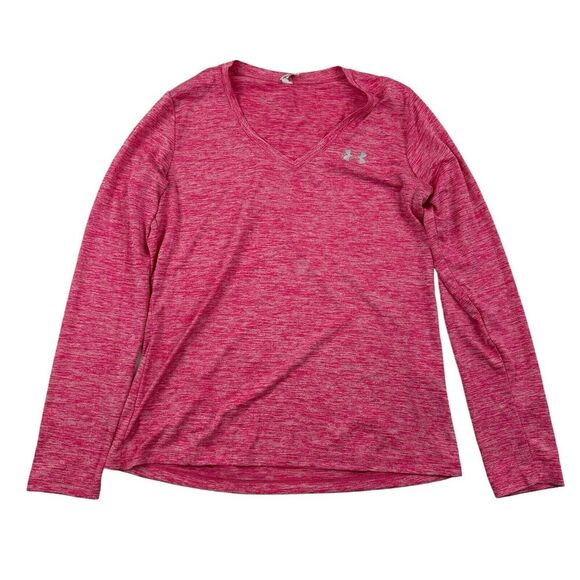 Under Armour Heatgear Loose Pink Space Dye L/S T-Shirt V-Neck Stretch Women Sz S - Picture 1 of 5